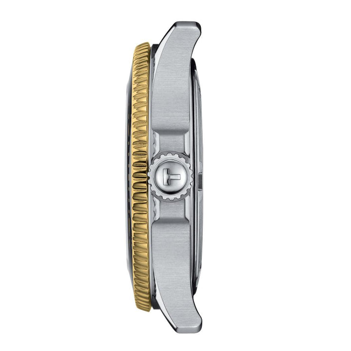 Tissot Seastar 1000 36mm seen from the side with silver-coloured case and gold-coloured bezel, Model T1202102205100