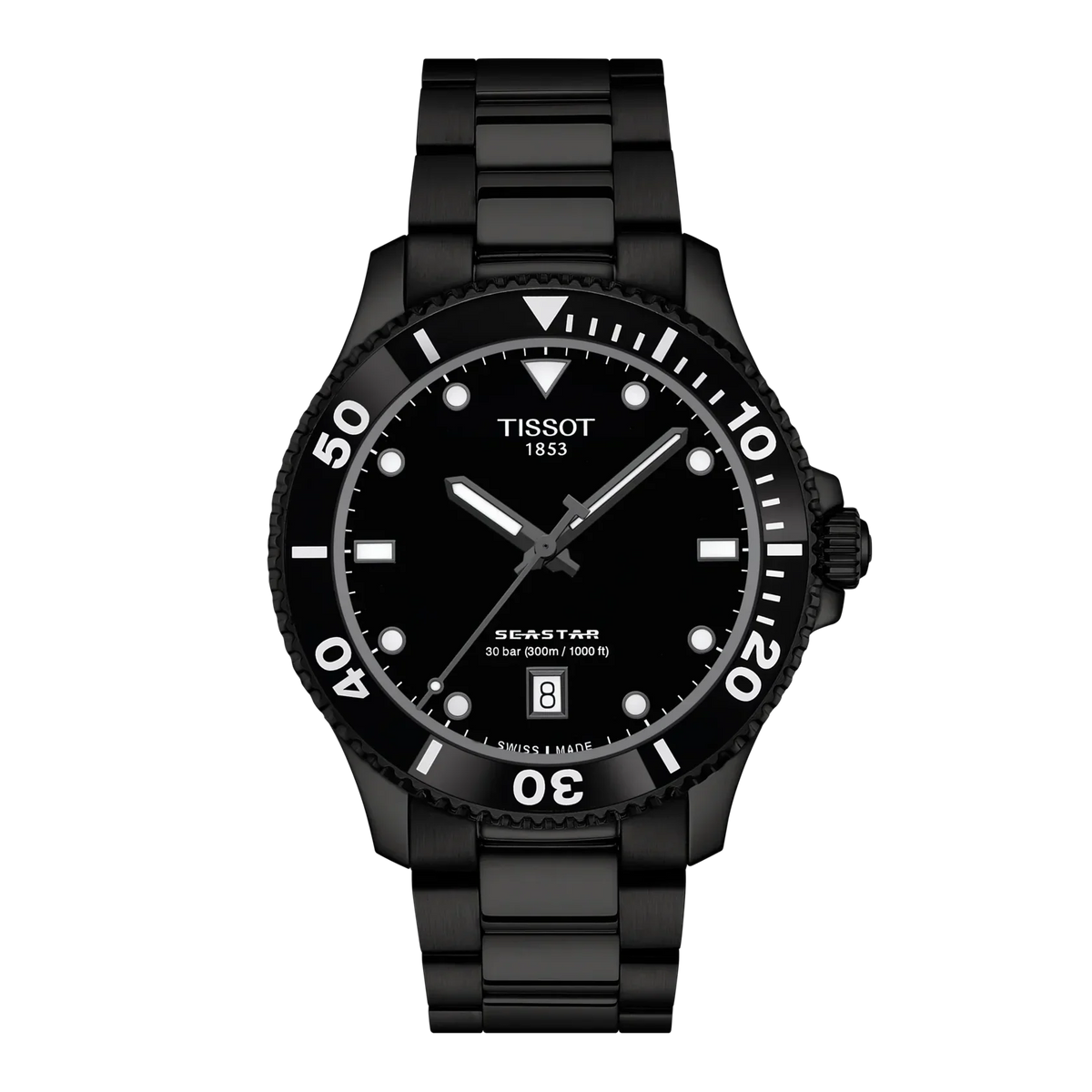 Tissot Seastar 1000 40mm black PVD watch with black dial and steel chain, Model T1204103305100.