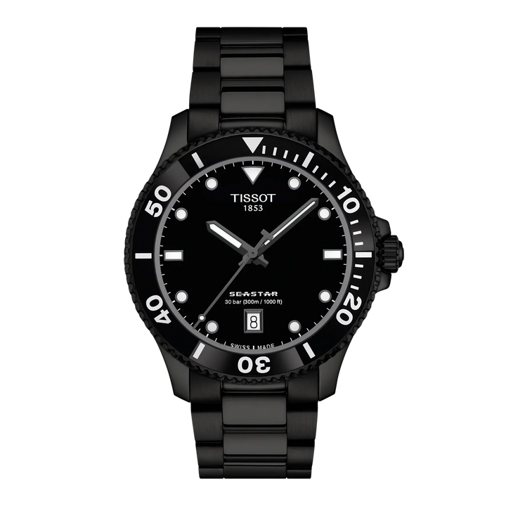 Tissot Seastar 1000 40mm black PVD watch with black dial and steel chain, Model T1204103305100.