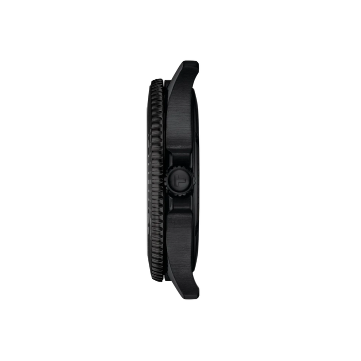 Tissot Seastar 1000 40mm black PVD watch in profile, black watch case and clear details on the side