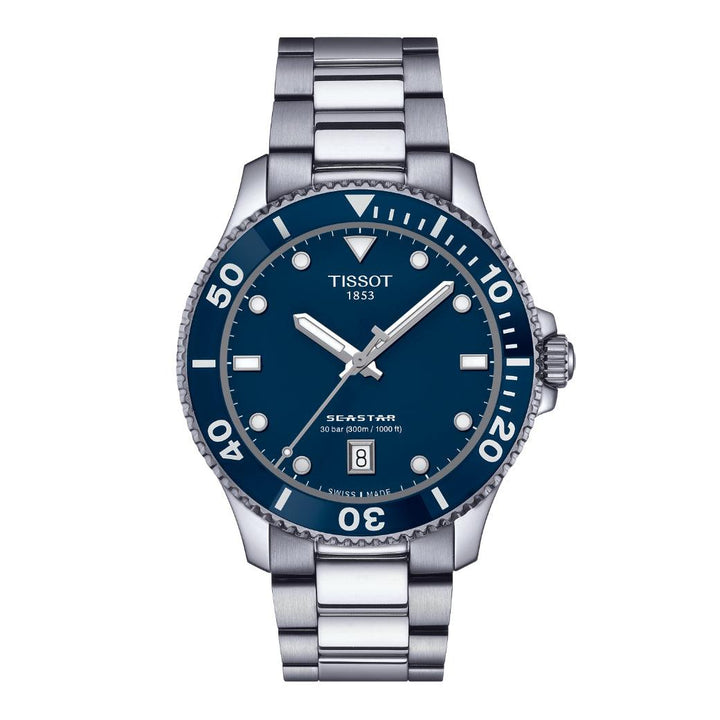 Tissot Seastar 1000 40mm shows dial in blue with steel link and date, Model T1204101104100.