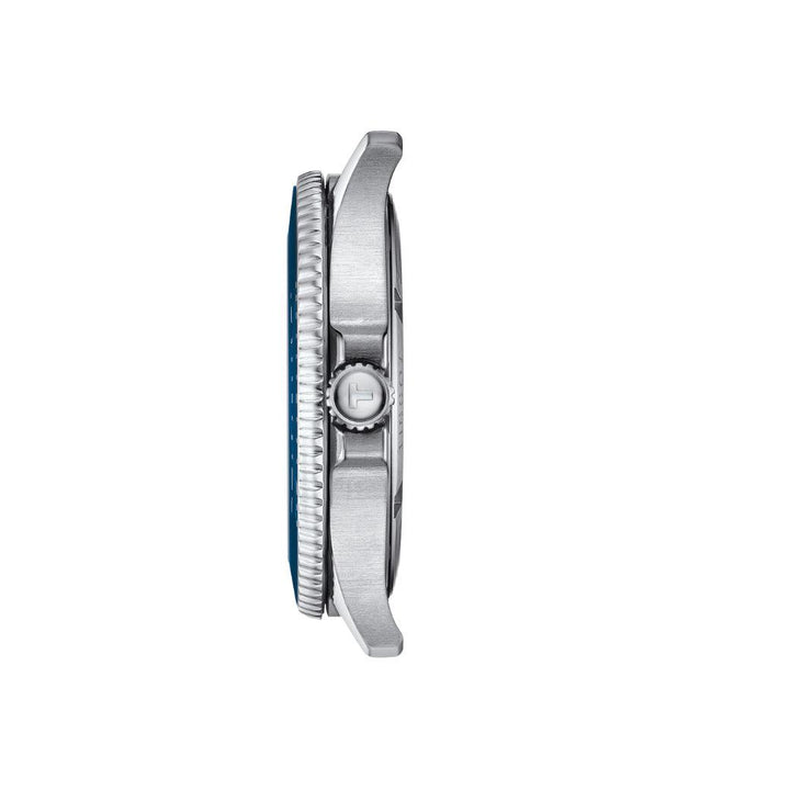 Tissot Seastar 1000 40mm watch viewed from the side, silver colored watch case with blue rim, polished steel. Model T1204101104100