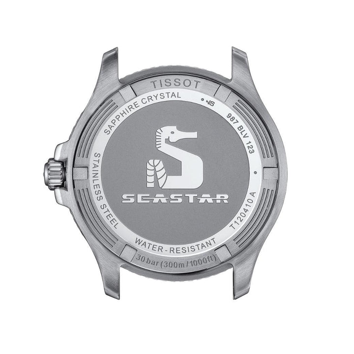 Tissot Seastar 1000 40mm stainless steel watch case with engraved seahorse, Model T1204101105100