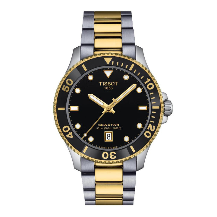 Tissot Seastar 1000 40mm watch with black dial, date and two-tone steel/gold chain. Model T1204102205100.