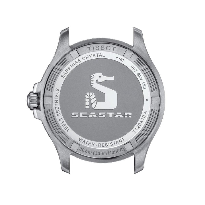 Tissot Seastar 1000 40mm watch back in stainless steel with seahorse motif and engraved text, Model T1204102205100