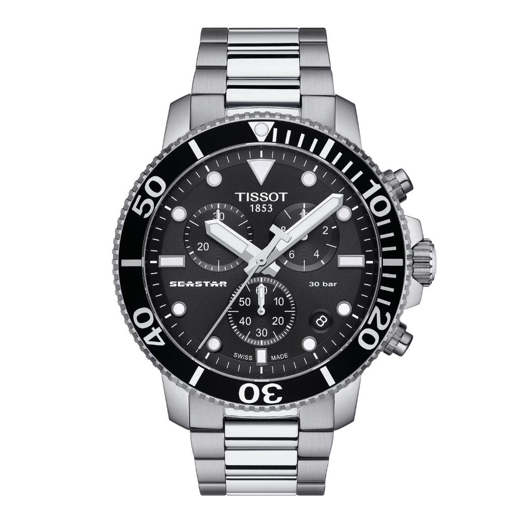 Tissot Seastar 1000 Chronograph shows a steel wristwatch with black dial, distinct chronograph details, Model T1204171105100.