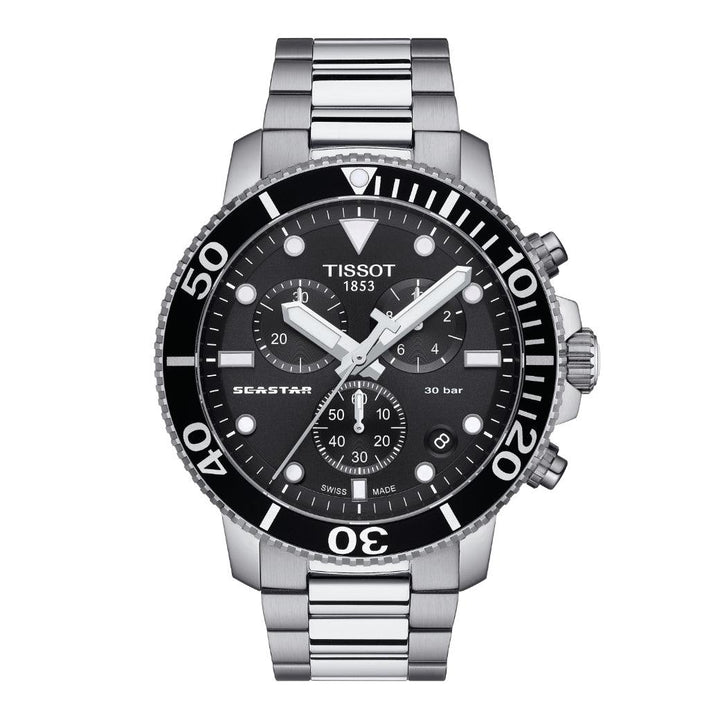 Tissot Seastar 1000 Chronograph shows a steel wristwatch with black dial, distinct chronograph details, Model T1204171105100.