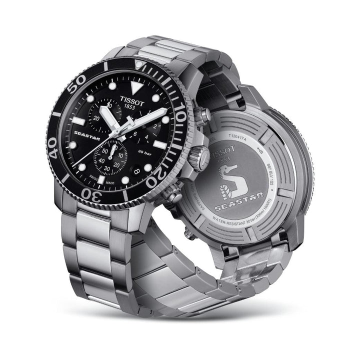 Tissot Seastar 1000 Chronograph watch with black dial and silver-colored steel chain, Model T1204171105100