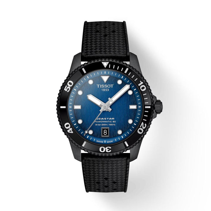Tissot Seastar 1000 Powermatic 80 40mm with black rubber strap and blue dial, Model T1208073704100