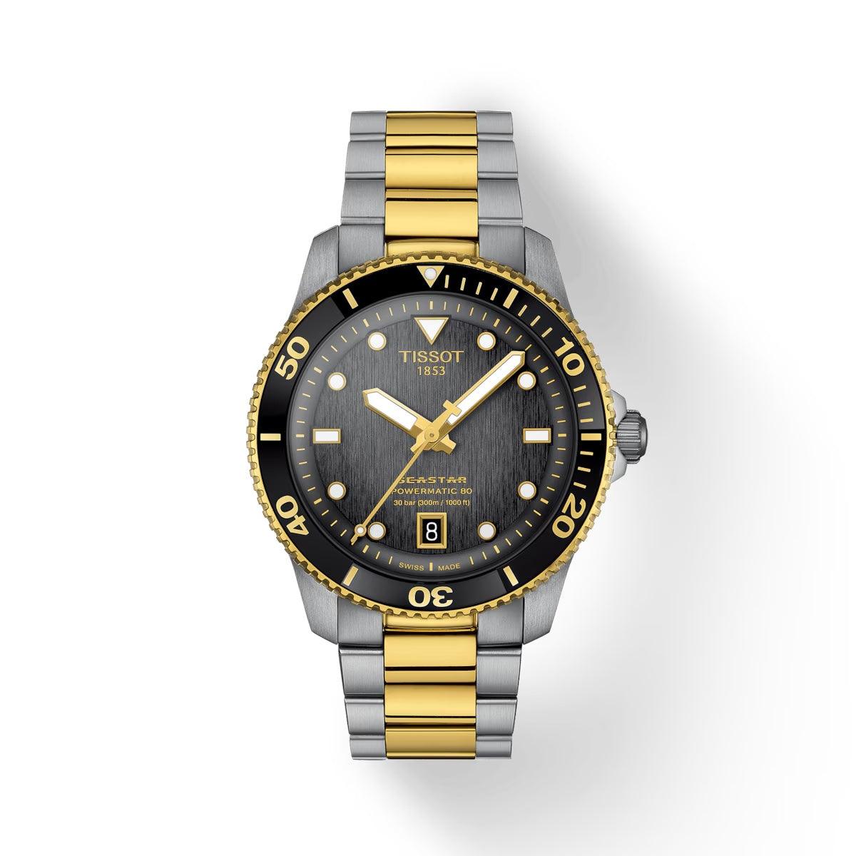 Tissot Seastar 1000 Powermatic 80 black dial and two-tone steel bracelet with gold PVD. Model T1208072205100