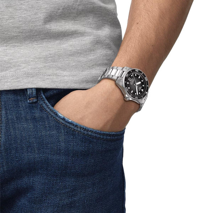 Tissot Seastar 1000 Powermatic 80 Black Dial Shown On Wrist, Steel Link, Model T1208071105100