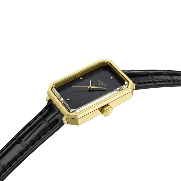 Tissot SRV 30mm gold PVD with black dial and black leather strap in elegant detail photo. Model T1601103612600.