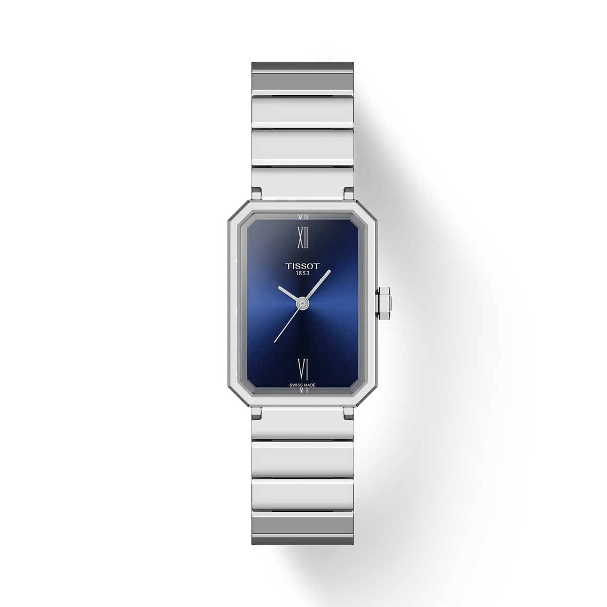 Tissot SRV 30mm steel chain blue dial, elegant women's watch with silver bracelet. Model T1601101104300.