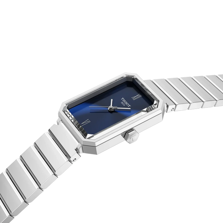 Tissot SRV 30mm steel chain blue dial, elegant square watch in silver colored steel. Model T1601101104300