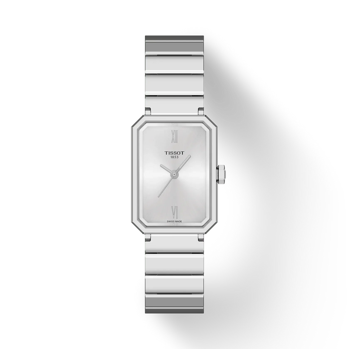Tissot SRV 30mm steel chain silver disc – elegant watch with rectangular silver colored dial and metal strap. Model T1601101103300