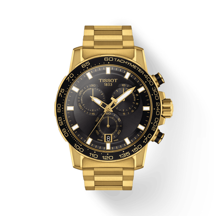 Tissot Supersport Chrono gold PVD 45mm quartz watch with black dial and tachymeter. Model T1256173305101