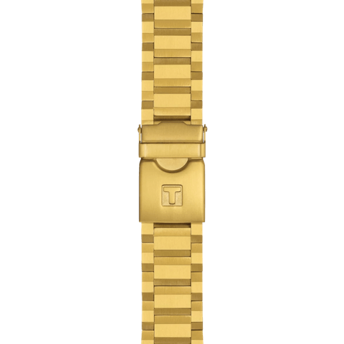 Tissot Supersport Chrono Gold PVD 45mm Quartz shows detail of gold colored watch strap with folding clasp. Model T1256173305101