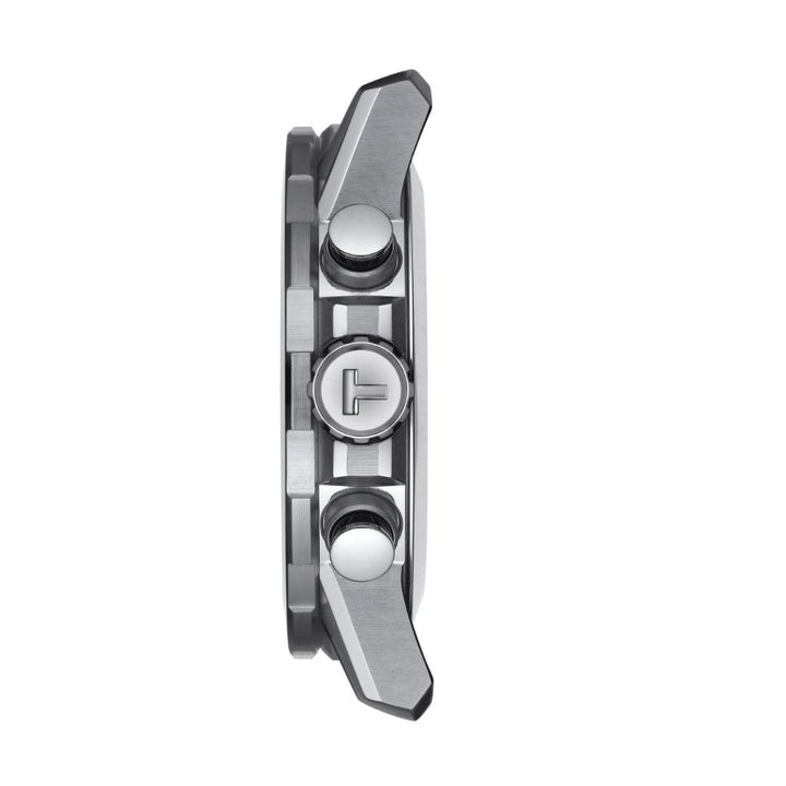 Tissot Supersport Chrono T1256171605100 side view with detailed steel case and buttons.