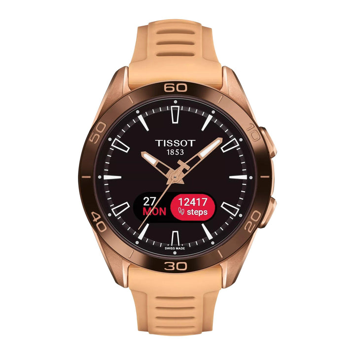 Tissot T-Touch Connect Sport Rose Gold PVD smartwatch with rubber strap and black dial, Model T1534204705105.