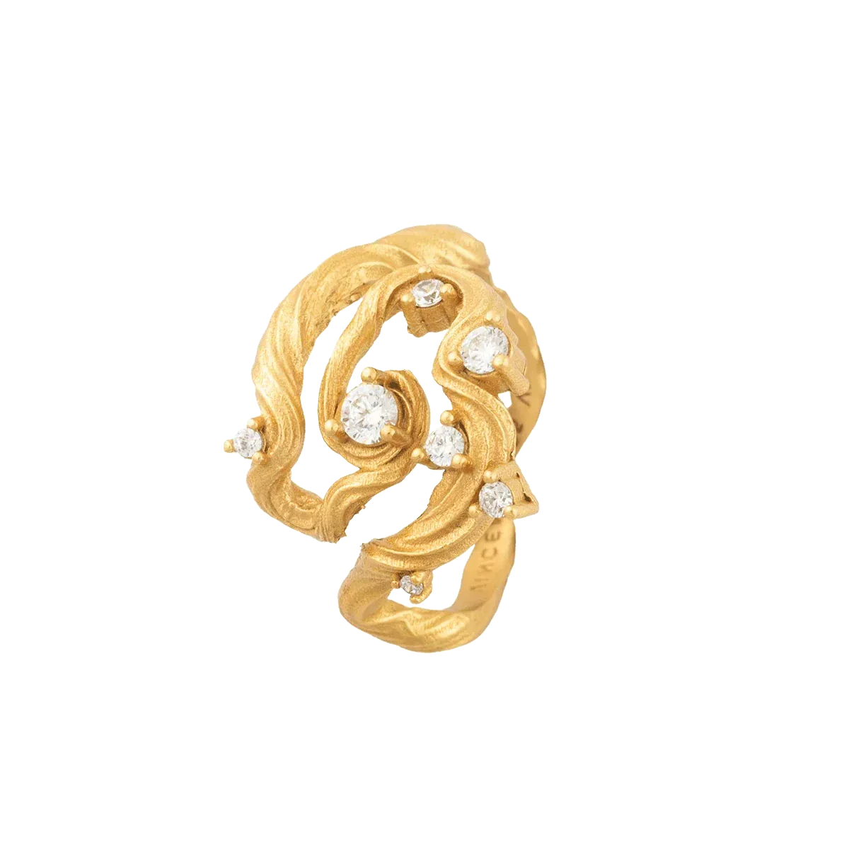 Vincent Aurum Roots Ring gold-plated with white crystals, curved leaf motif and stones, Model VJ251-URG-001