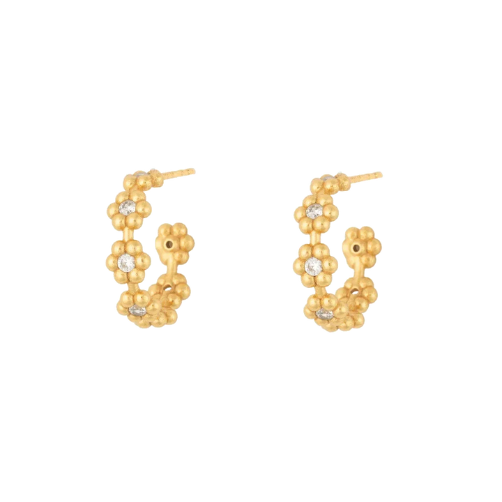 Vincent Bloom Hoops Earrings gold-plated with white crystals, floral design on black background. Model VJ244-UEG-1