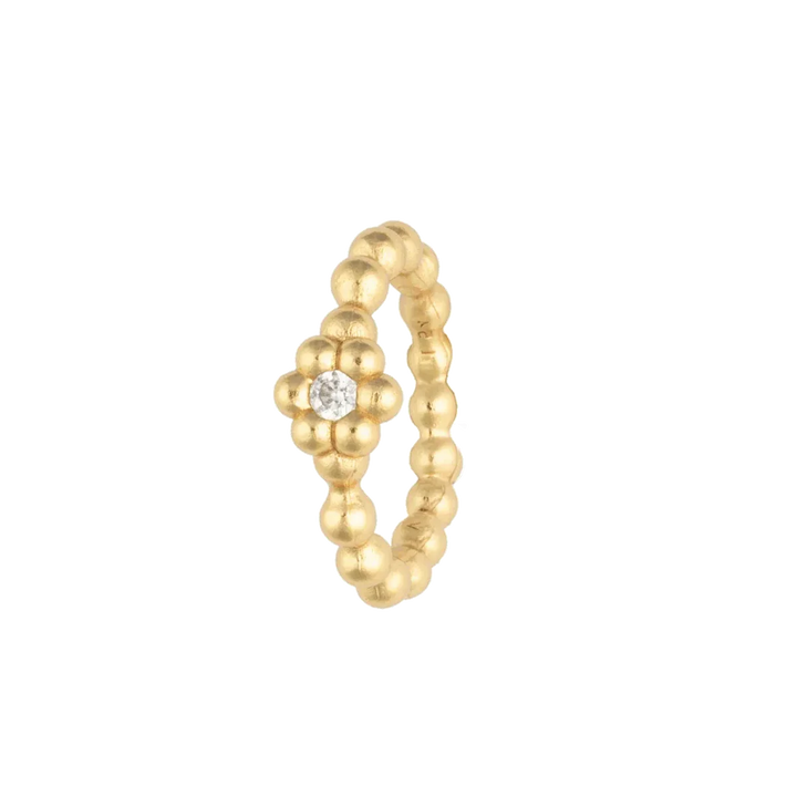 Vincent Bloom Ring Gold Plated w. White Crystal with spherical design and a clear crystal in the middle. Model VJ253-URG-001-2.