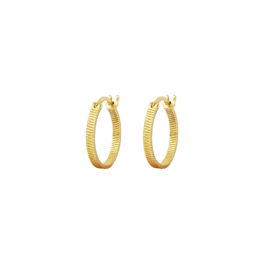 Vincent Fortune Teller Creole Gold Plated Earrings Medium 16mm, two grooved gold colored creoles on a white background. Model vj078-ueg-m-1