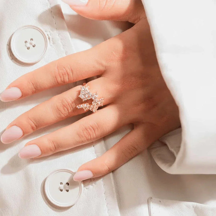 Vincent Lace Allure Ring gold-plated with white crystals on hand, elegant design, Model VJ252-URG-001