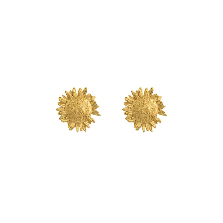 Vincent Mock Meadow Sunflower Earrings Gold-plated, sun yellow floral ear studs on the front on a white background. Model VJ130-UEG-2