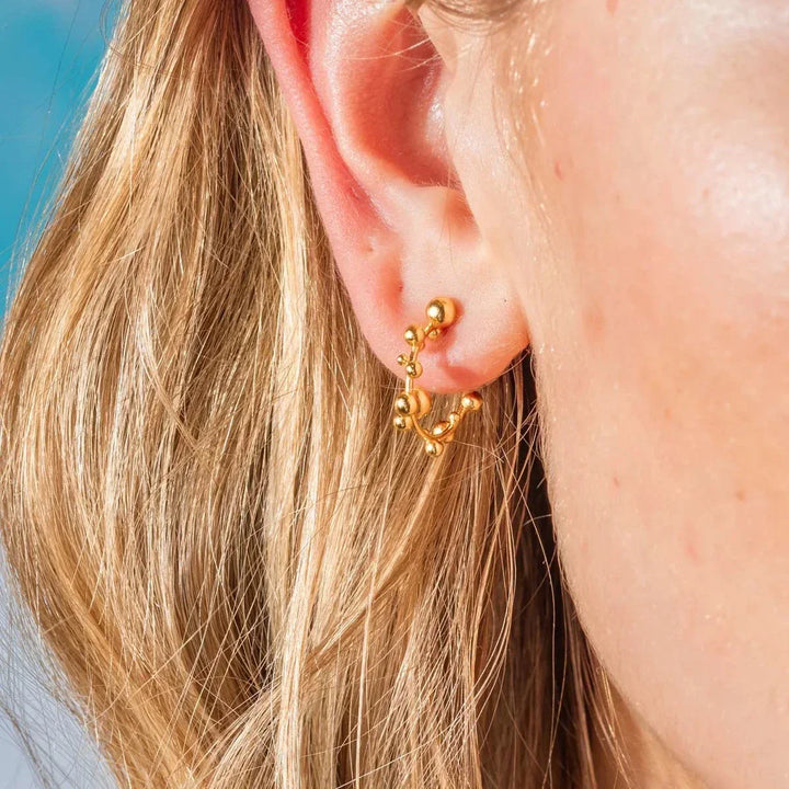 Vincent Orb Chronicles Hoops gold plated earrings worn in women's ear, elegant golden detail. Model VJ180-UEG-1