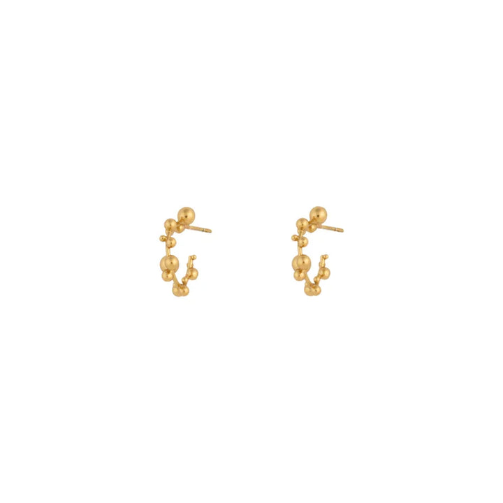 Vincent Orb Chronicles Hoops gold plated earrings shown as small open hoops with gold ball details, Model VJ180-UEG-2.