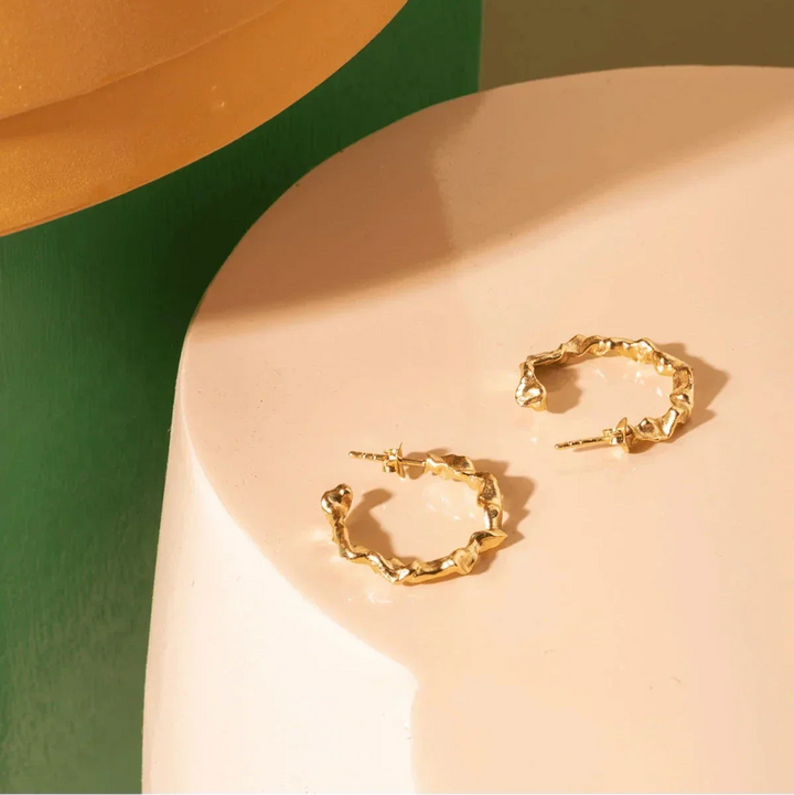 Vincent Shaman Gold Plated Hoops Earrings 25mm shown on light background, organic shape, Model VJ126-UEG-L-1