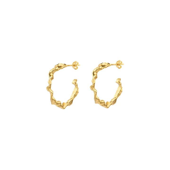 Vincent Shaman Gold Plated Hoops Earrings 25mm with organic structure in bright gold, Model VJ126-UEG-L-2