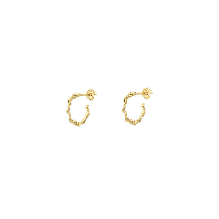 Vincent Shaman Gold Plated Hoops Earrings Small 14mm, elegant gold colored creoles with organic structure, Model VJ126-UEG-S-2