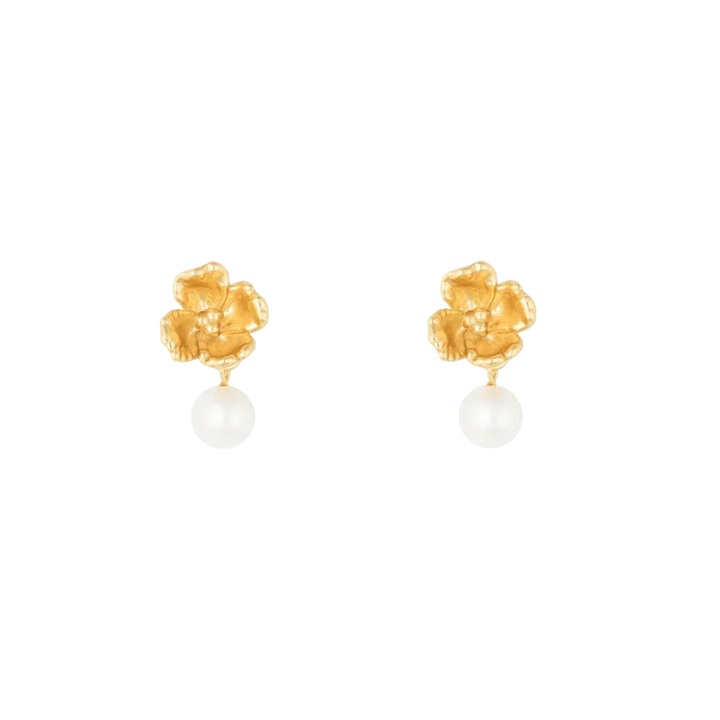 Vincent Venus Fleur Vide Earrings Gold Plated w. Freshwater Pearl shows gold plated flower earrings with round white pearl. Model VJ248-UEG-2
