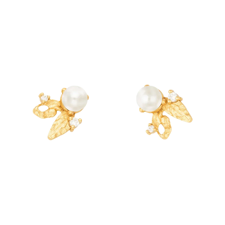 Vincent Venus Folia Earrings Gold Plated w. Freshwater Pearl shown as a gold plated set with white pearls, Model VJ245-UEG-1.