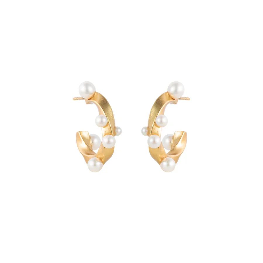 Vincent Venus Serenade Gold Plated Earrings with pearls in a twisted gold look on a white background. Model VJ152-UEG-1