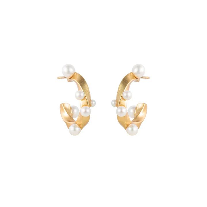 Vincent Venus Serenade Gold Plated Earrings with pearls in a twisted gold look on a white background. Model VJ152-UEG-1