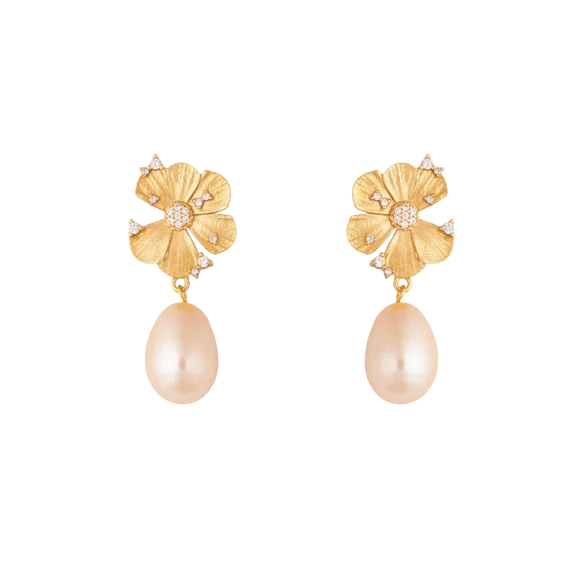 Vincent Venus Wildflower Earrings Pink Pearl Gold Plated shows gold plated earrings with flower and pink pearls. Model vj247-week-1.