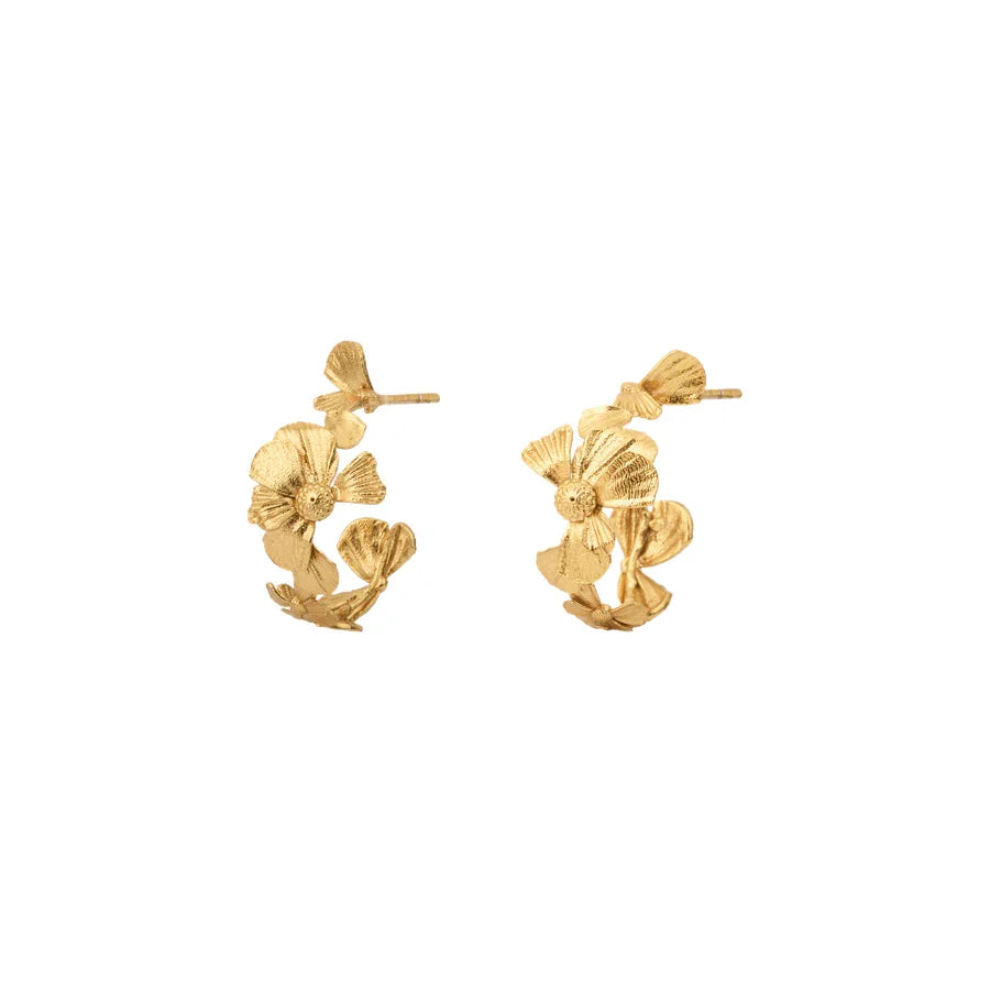 Vincent Wildflower Gold Plated Hoops Earrings show gold plated floral patterned hoops in matte gold, Model vj192-ueg-1.