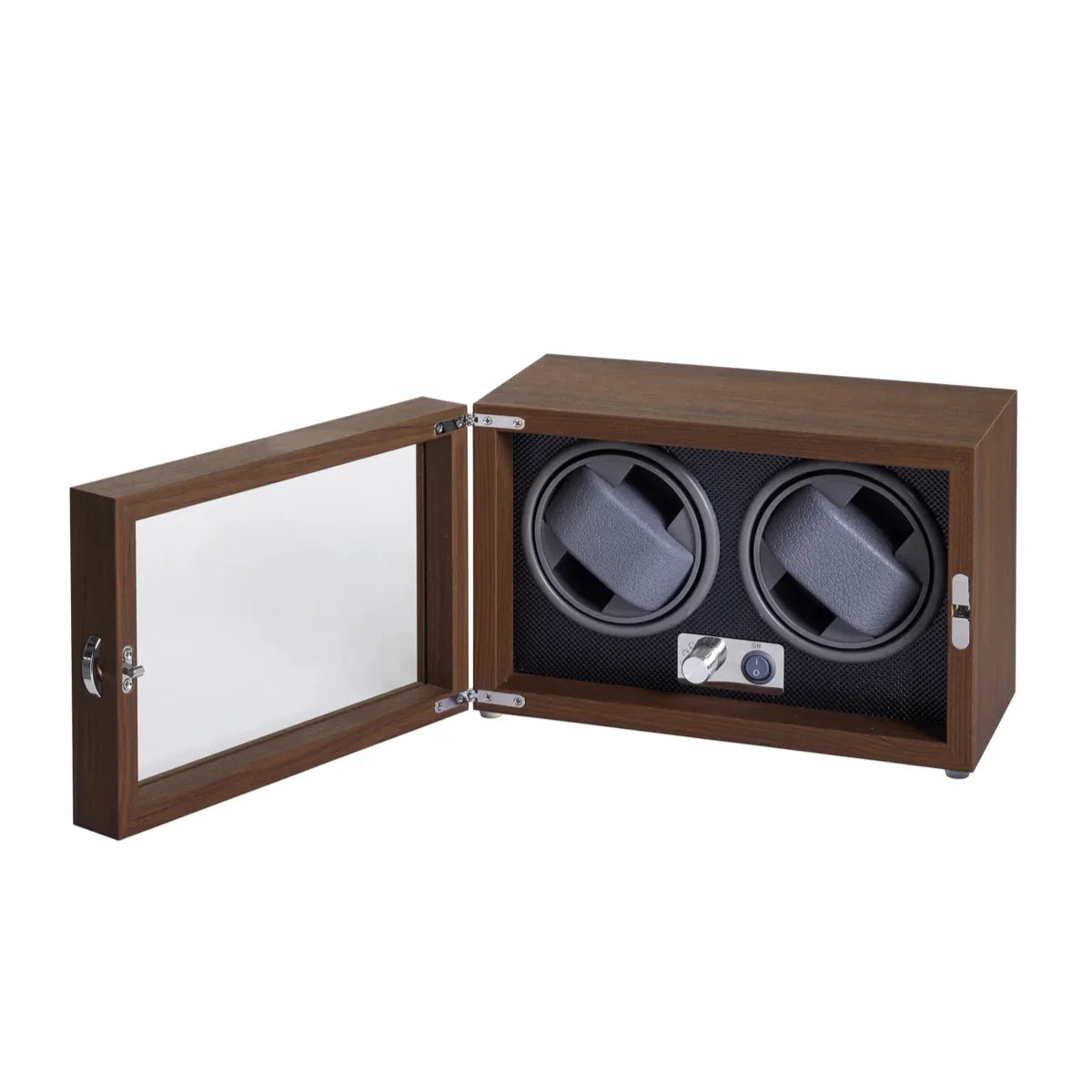 Watch Winder for 2 watches watch box0008 with front door open, shows two black watch holders in wooden box. Model watch box0008