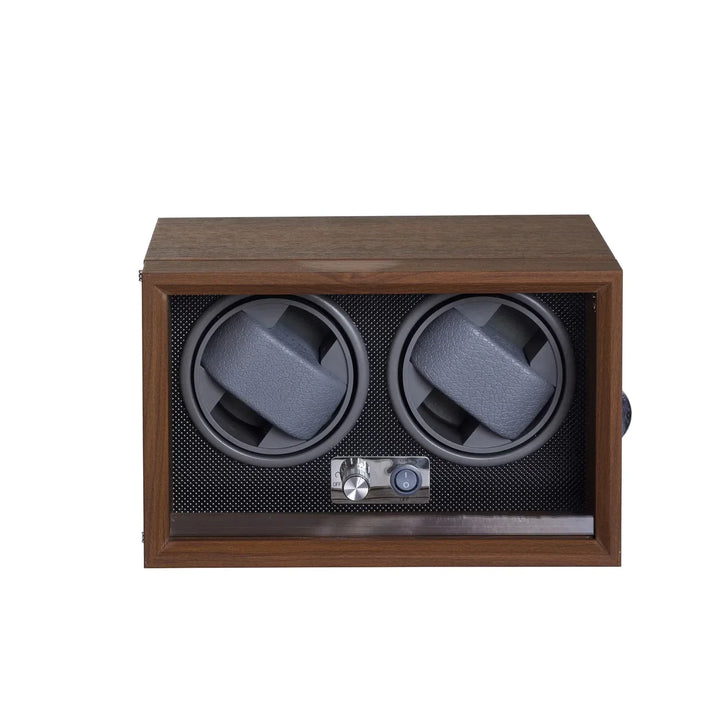Watch Winder for 2 watches with wooden frame and black details, elegant front with control panel. Model watch box0008-2