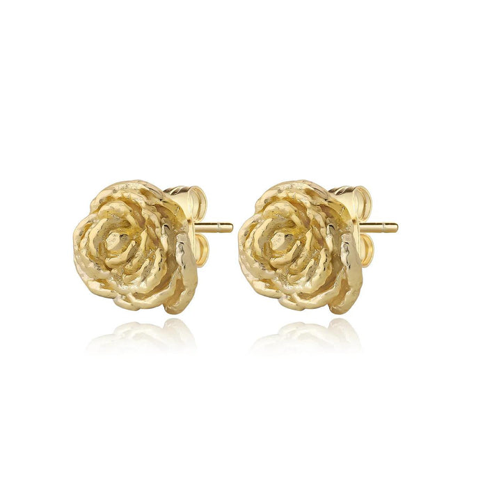 wioga-diana-gold-plated-rose-studs show two gold-plated studs designed as detailed roses. Model E-8811-GP.