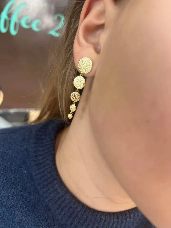 wioga-milena-earrings-in-gold-plated-solv-e-8901-gp shows worn, shiny gold earrings with circular texture. Model e-8901-gp