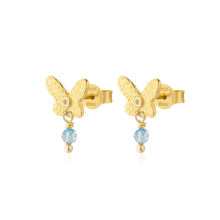 wioga-norma-ear studs-in-gold-plated-solv-e-9001-gp, butterfly ear studs in gold-colored silver with blue pearl and discreet stone. Model E-9001-GP