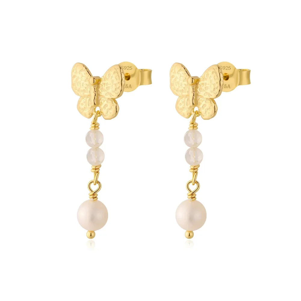 WiOGA Olivia earrings in gold-plated silver with butterfly, pearls and white stones, Model E-9012-GP