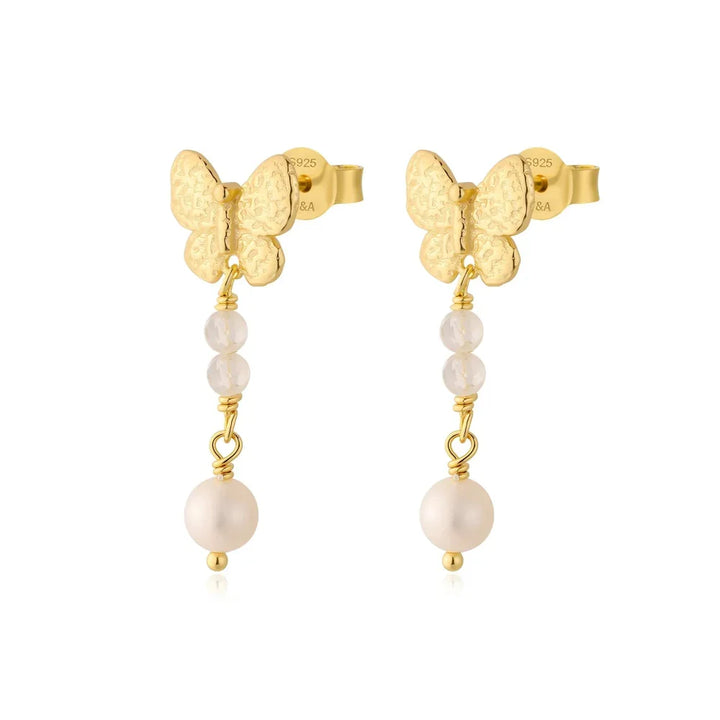 WiOGA Olivia earrings in gold-plated silver with butterfly, pearls and white stones, Model E-9012-GP