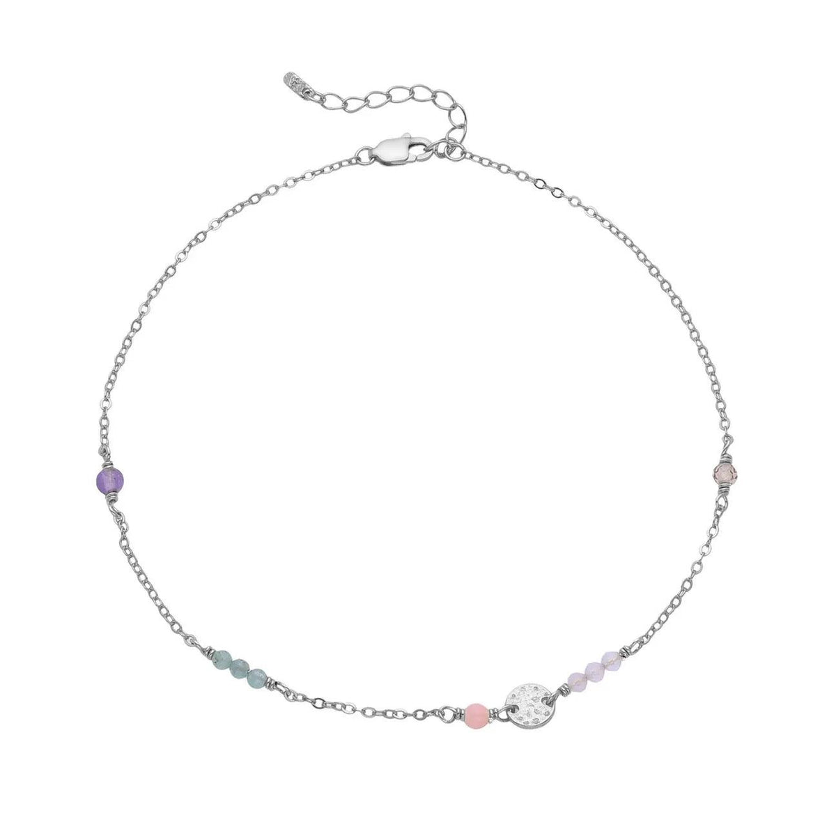 WiOGA Sabrina ankle chain silver with gemstones in pastel colors on a white background. Model A-8636-S-1