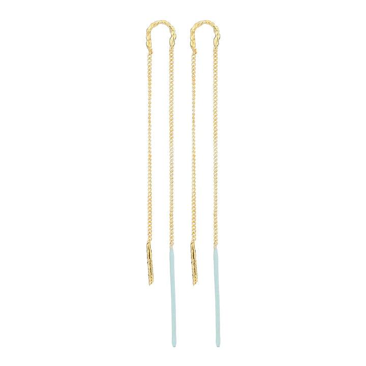 WiOGA Vinja Earrings in gold-plated silver, long chain earrings with light blue details. Model E-8459-GP-1.