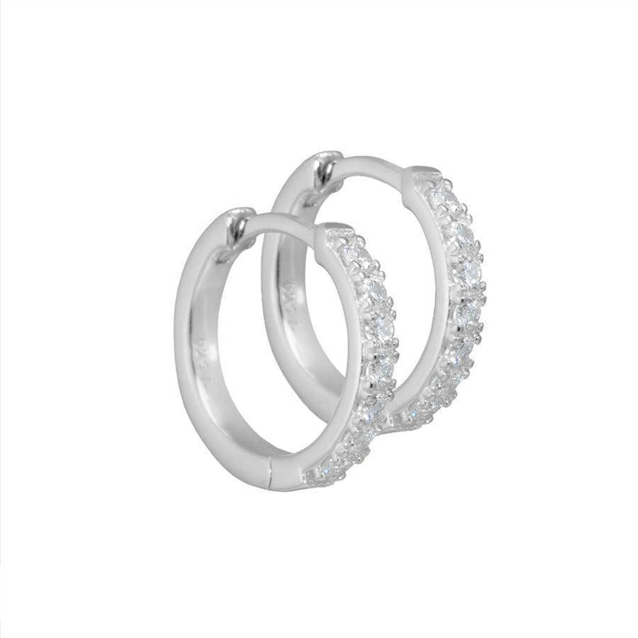 Aqua Dulce Darling silver earrings 15 mm, round hoops with clear stones, glossy finish. Model 2290-2290-1